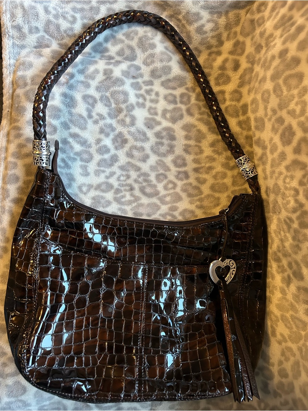 Brighton Dark Brown Croc-Embossed Patent Shoulder Bag with Heart Charm